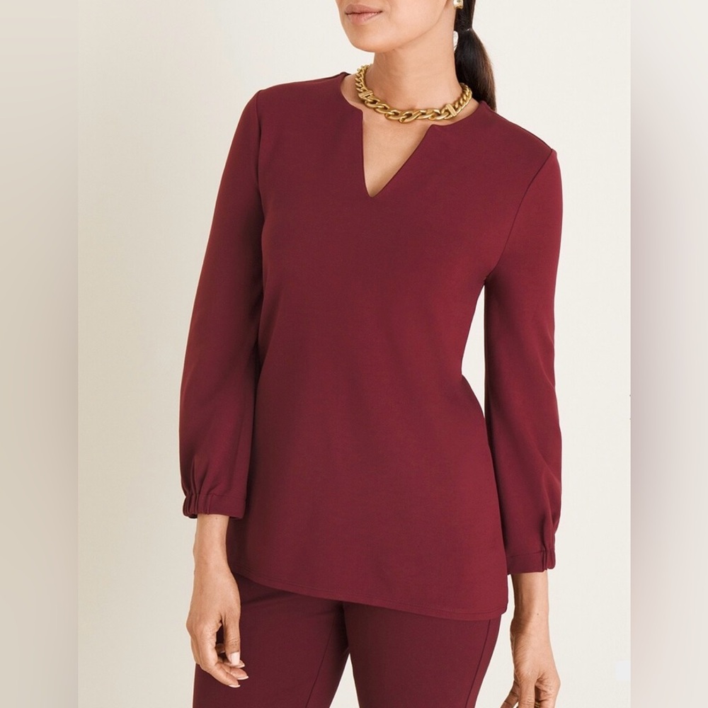 Chico's Burgundy‎ Split Neck Long Sleeve Tunic Top Size 2 Large Maroon Knit